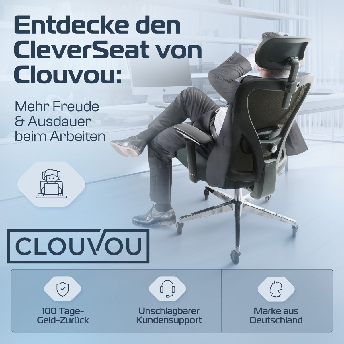 CLOUVOU CleverSeat - Ergonomischer Bürostuhl "Zeitloses Design trifft auf unschlagbare Qualität" - Clouvou #farbe_grau