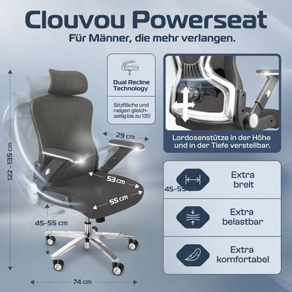 CLOUVOU PowerSeat – Ergonomischer Bürostuhl "Sitzen wie ein König – Komfort neu definiert" - Clouvou #farbe_grau