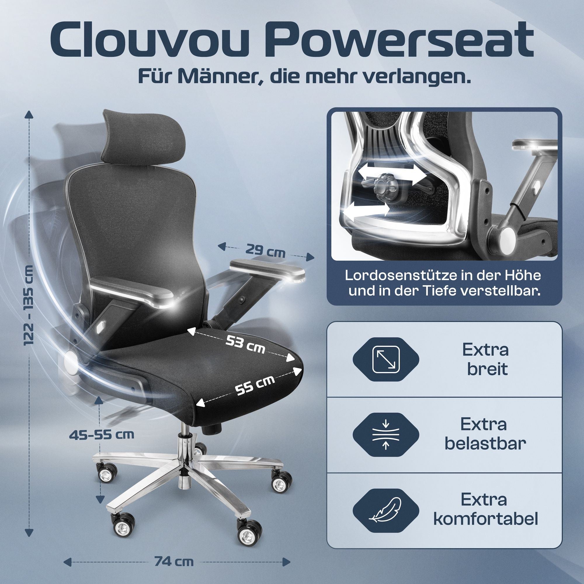 CLOUVOU PowerSeat – Ergonomischer Bürostuhl "Sitzen wie ein König – Komfort neu definiert" - Clouvou #farbe_schwarz